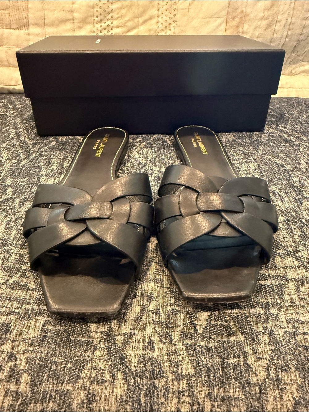 Saint Laurent Black Braided Leather Slide Mules